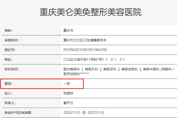 重庆美仑美奂整形美容医院资质