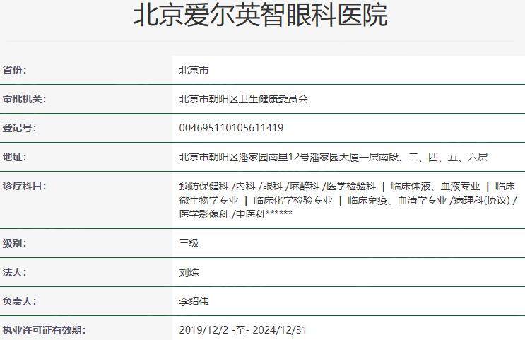 北京爱尔英智眼科医院资质