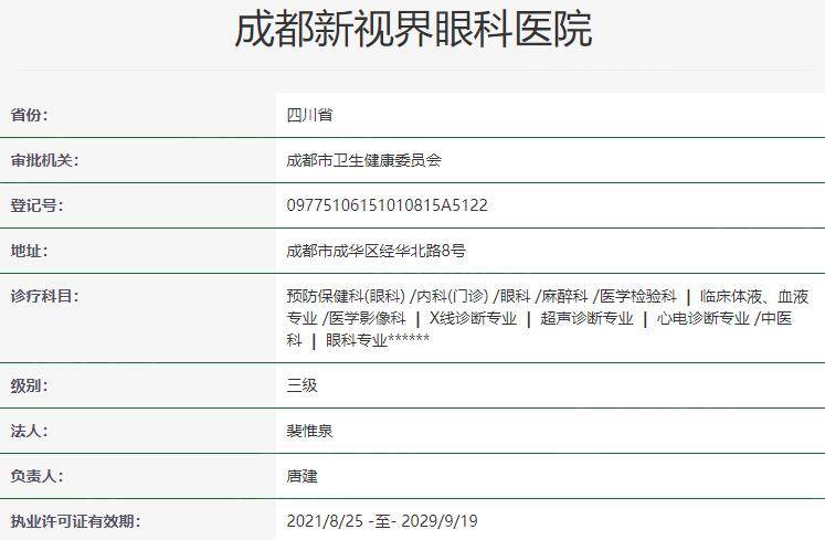成都新视界眼科医院资质