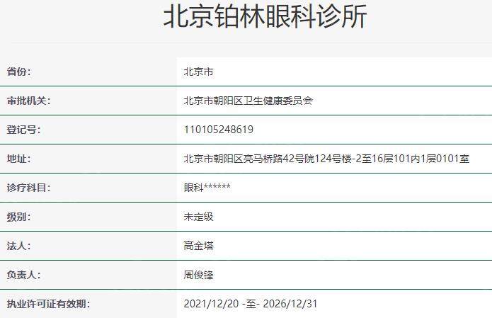 北京铂林眼科诊所资质