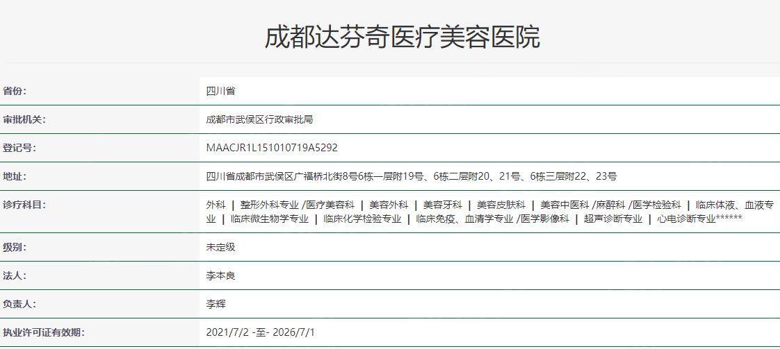成都达芬奇医疗美容医院卫健委资料