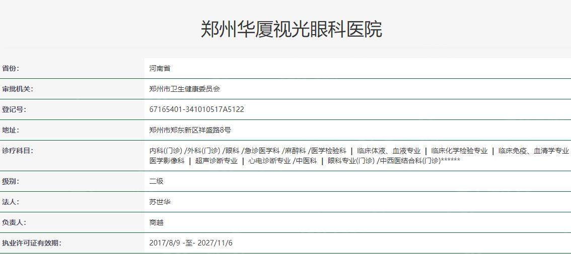 郑州华厦视光眼科医院卫健委资料