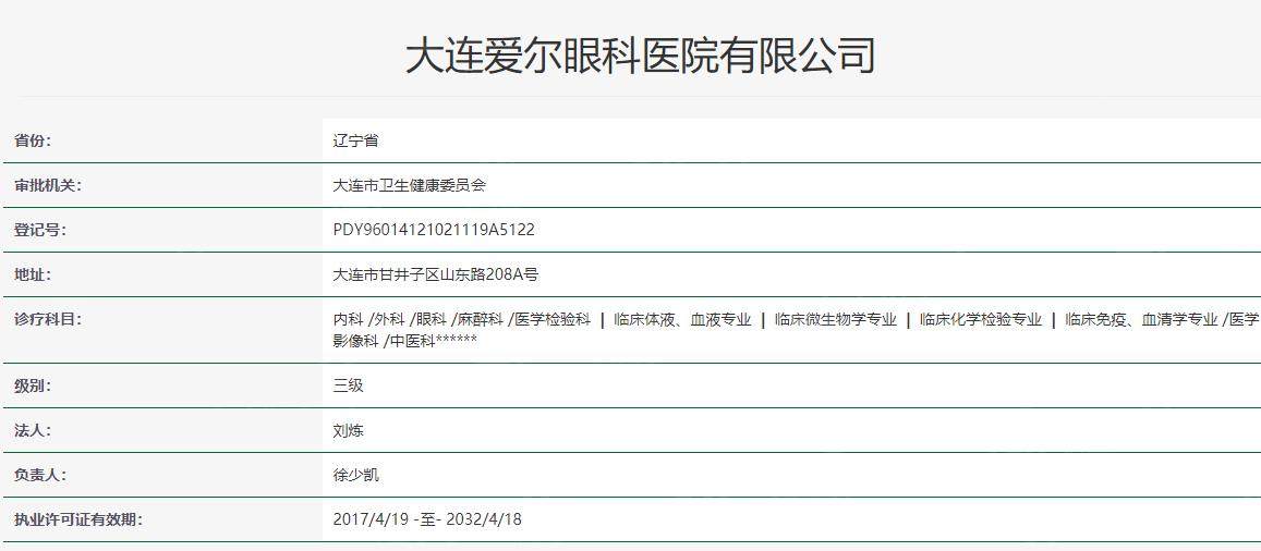 大连爱尔眼科医院卫健委资料