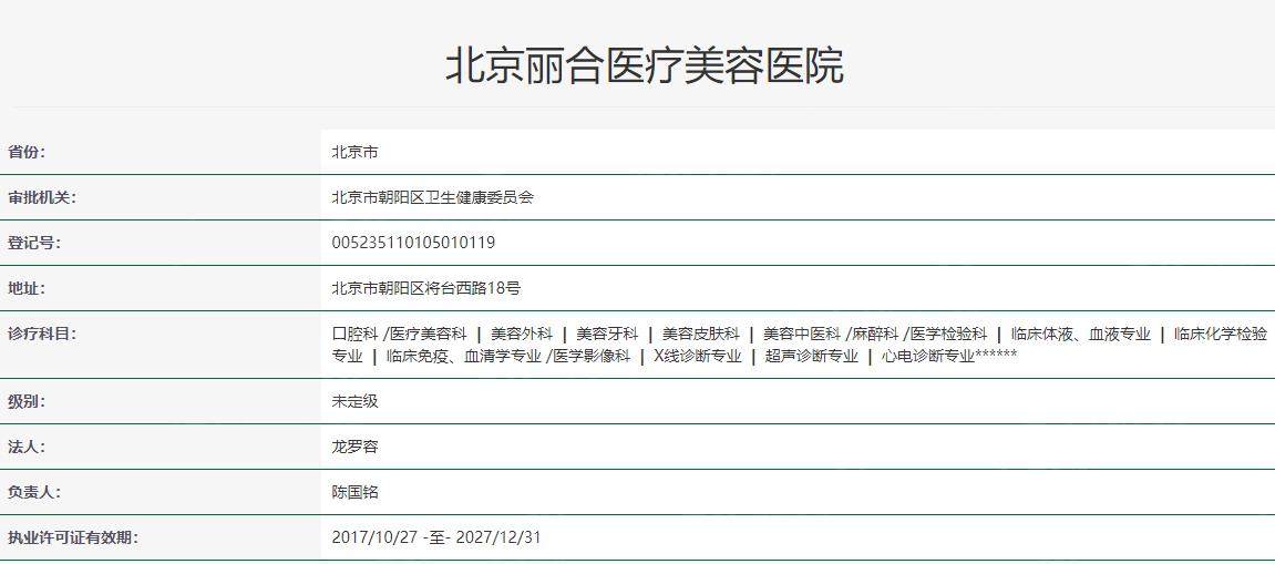 北京丽合医疗美容医院卫健委资料