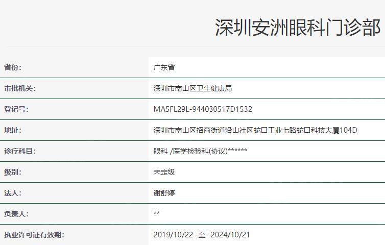 深圳安洲眼科门诊部卫健委资料