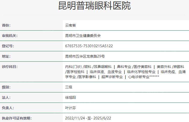 昆明普瑞眼科医院资质