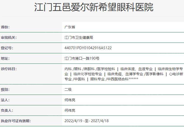 江门五邑爱尔新希望眼科医院资质