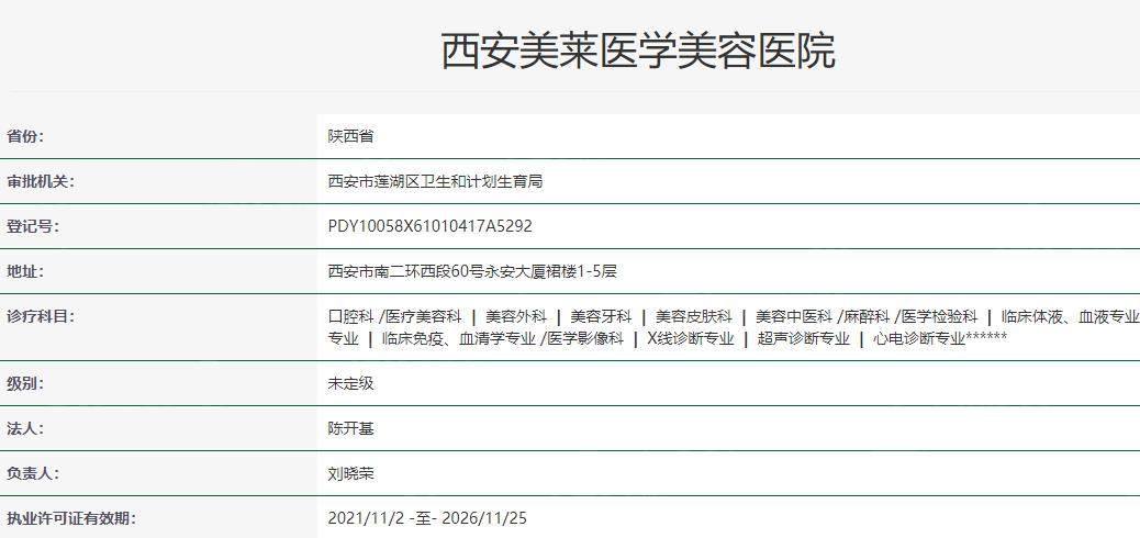 西安美莱医学美容医院卫健委资料