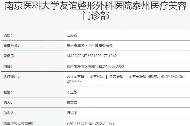南京医科大学友谊整形外科医院(泰州分院)资质