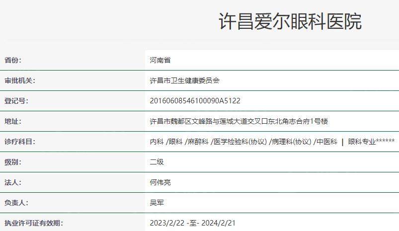 许昌爱尔眼科医院卫健委资料