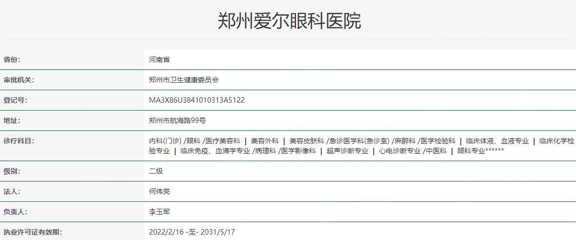 郑州爱尔眼科医院卫健委资料
