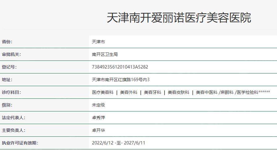 天津南开爱丽诺医疗美容医院卫健委资料