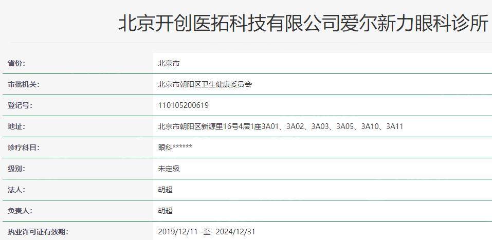 北京爱尔新力眼科诊所卫健委资料