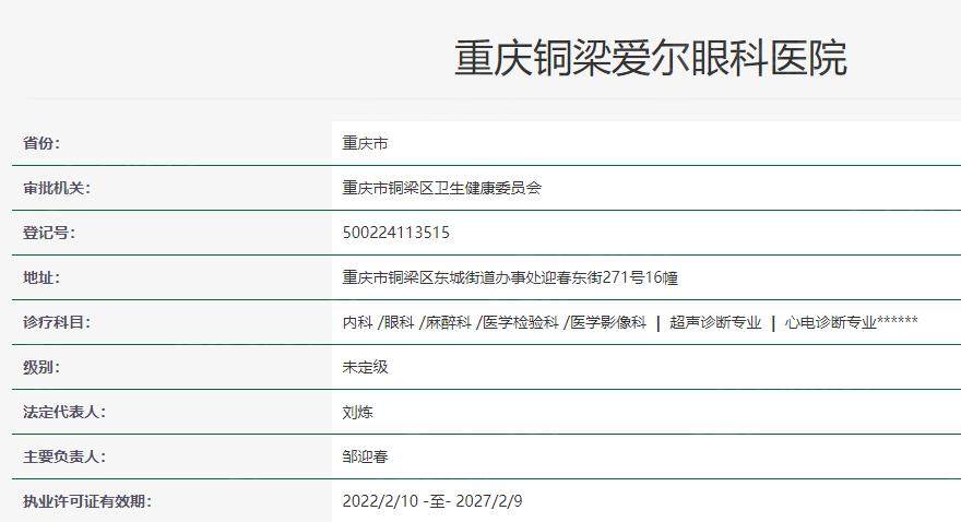 重庆铜梁爱尔眼科医院卫健委资料