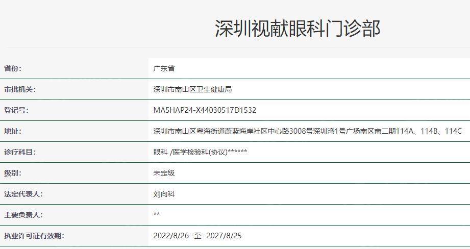 深圳视献眼科门诊部卫健委资料