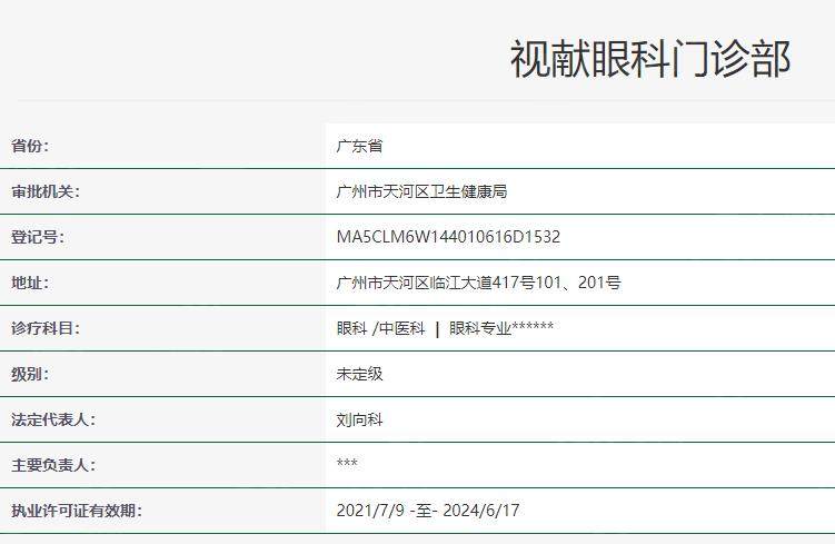 广州视献眼科门诊部卫健委资料