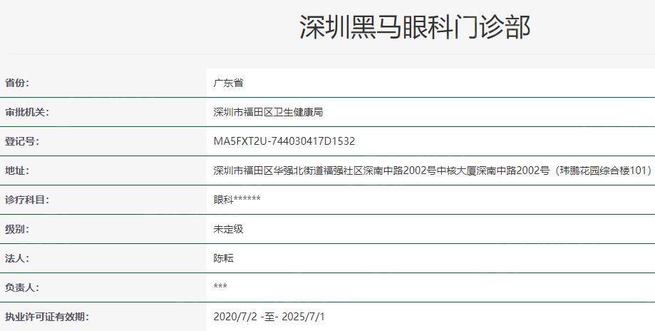 深圳黑马眼科门诊部卫健委资料