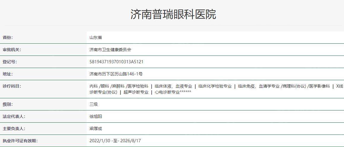 济南普瑞眼科医院卫健委资料