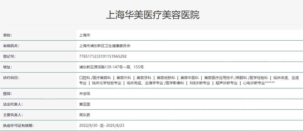 上海华美医疗美容医院卫健委资料