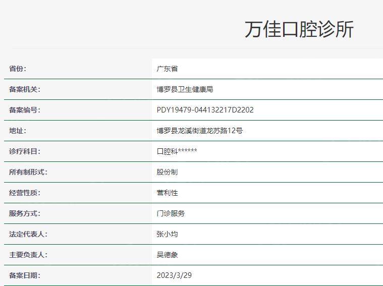 广东惠州博罗万佳口腔诊所卫健委资料