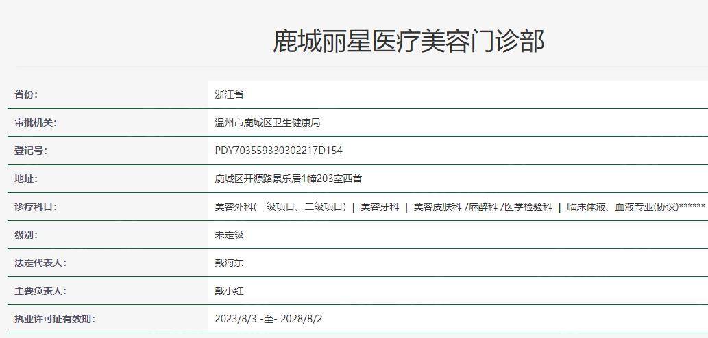 鹿城丽星医疗美容门诊部卫健委资料