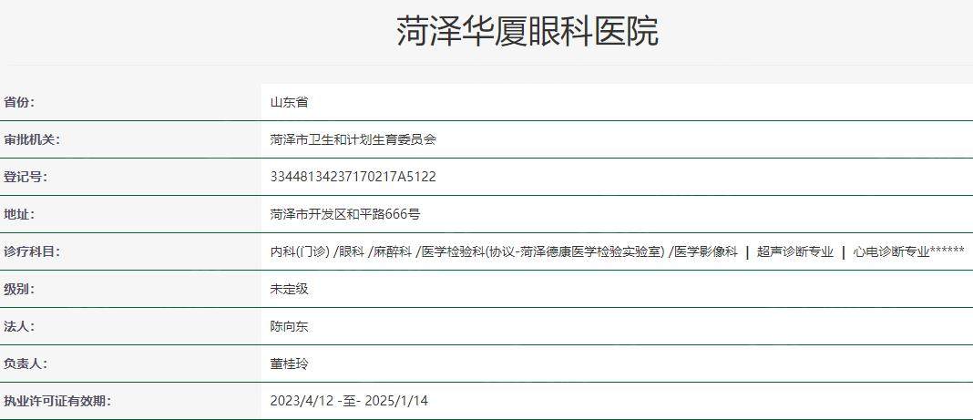 菏泽华厦眼科医院卫健委资料
