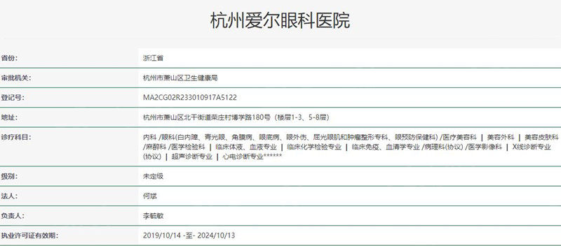 杭州爱尔眼科医院卫健委资料