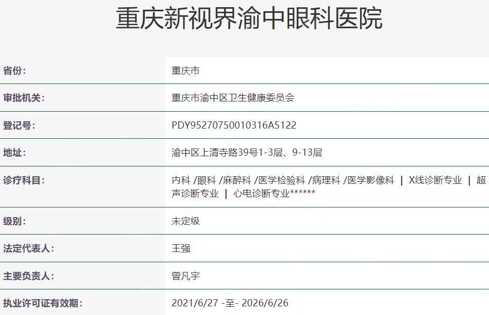 重庆新视界渝中眼科医院资质