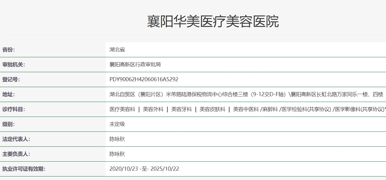 襄阳华美医疗美容医院卫健委资质