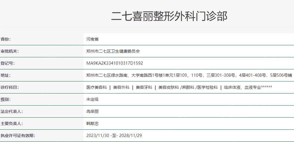 郑州二七喜丽整形外科门诊部卫健委资质