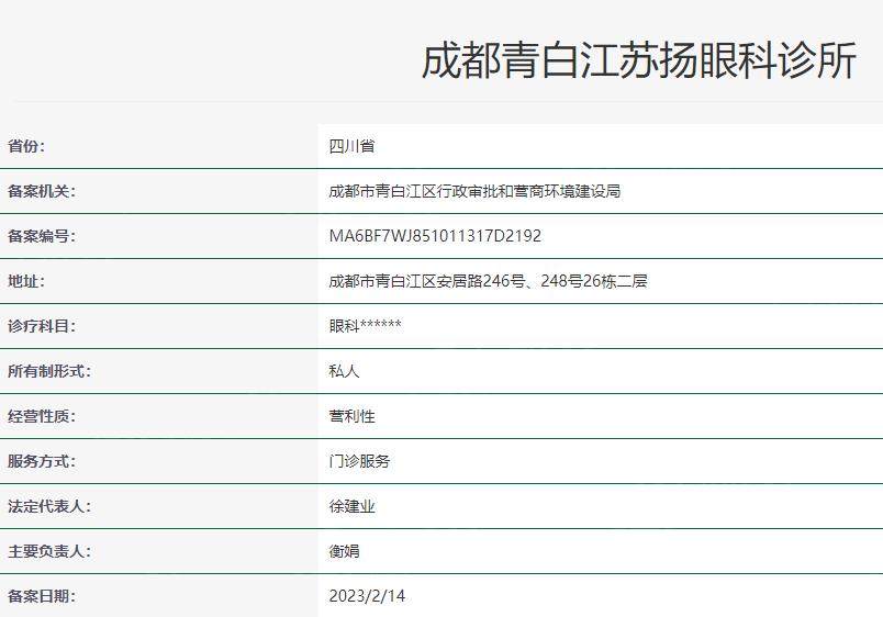 成都青白江苏扬眼科诊所卫健委资质