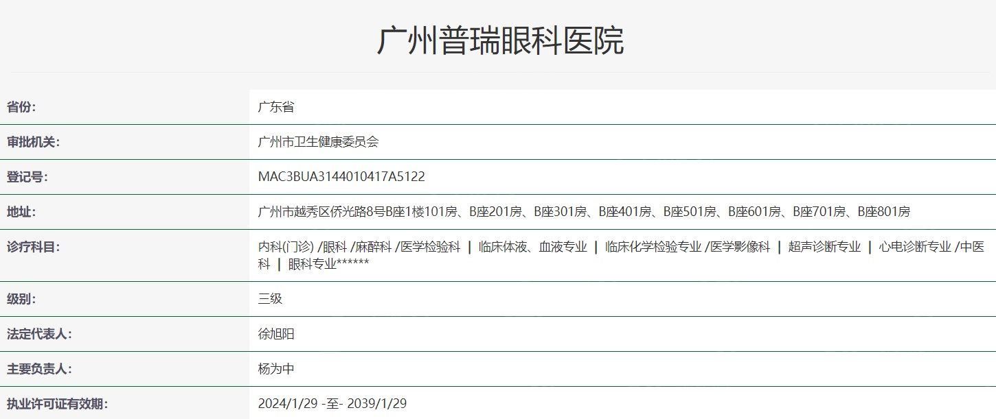 广州普瑞眼科医院收费标准公开,半飞/近视眼手术/icl晶体植入/白内障手术费用不贵