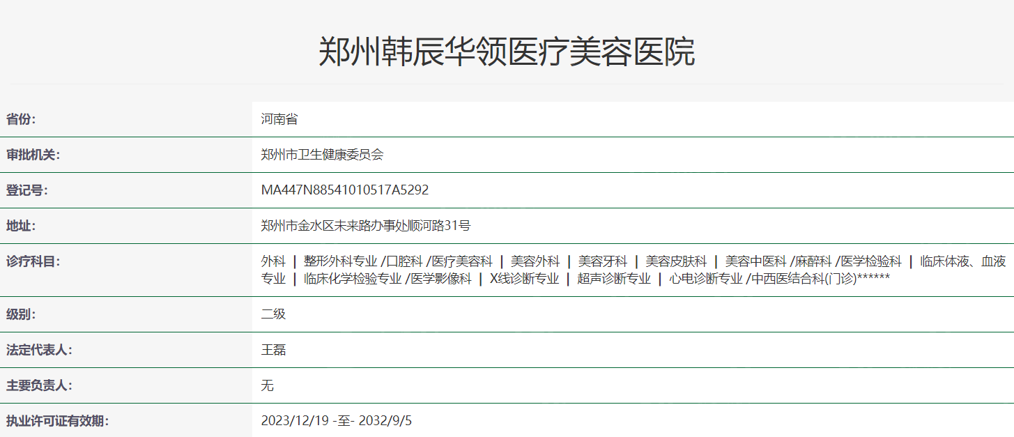 郑州韩辰华领医疗美容医院卫健委资质