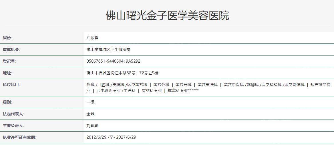 佛山曙光金子医学美容医院卫健委资质