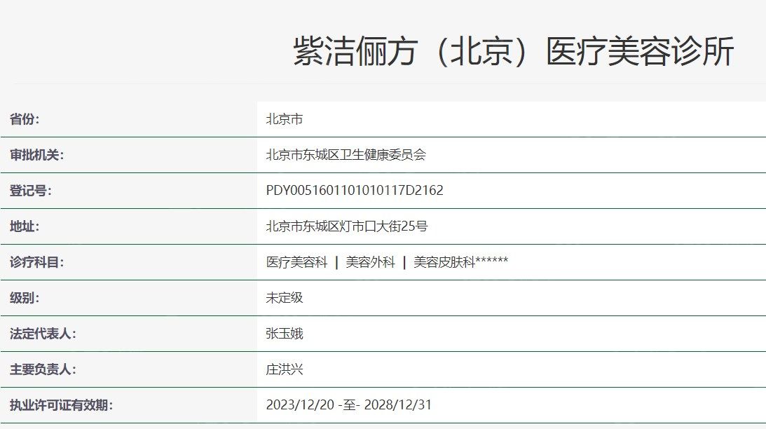 北京紫洁俪方医疗美容诊所卫健委资质
