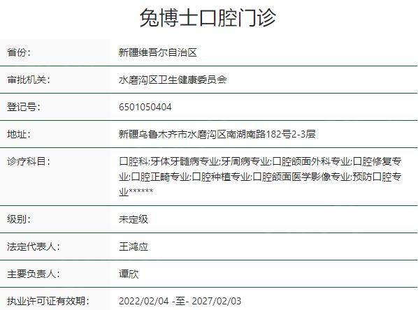 乌鲁木齐兔博士口腔门诊部资质
