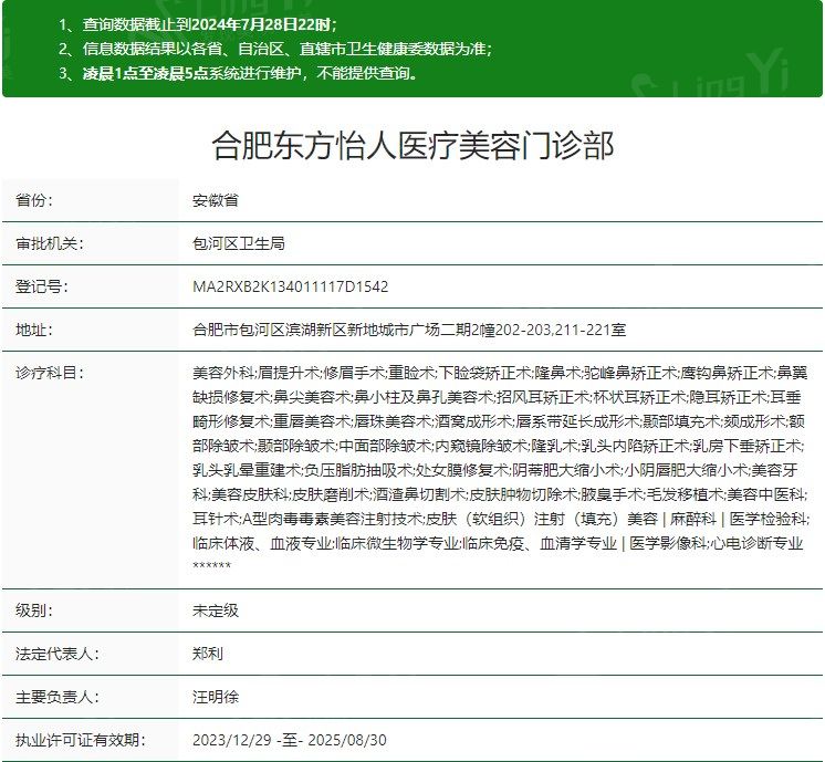 合肥东方怡人医疗美容门诊部卫健委资质