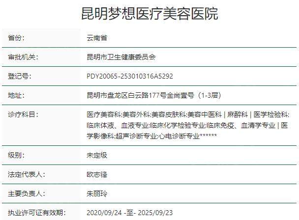 昆明梦想医疗美容医院资质