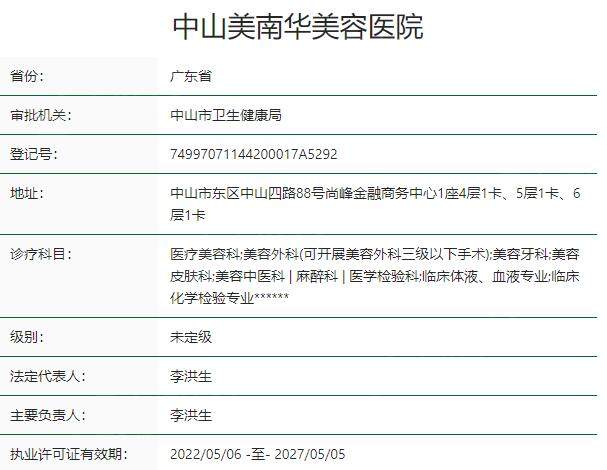 中山美南华美容医院资质