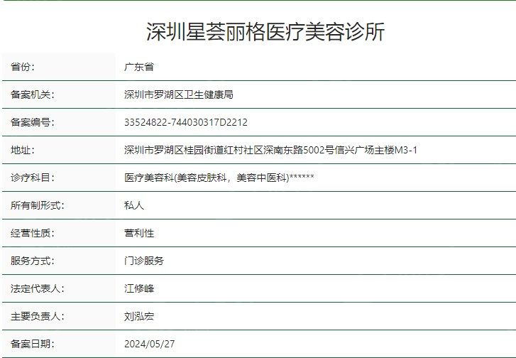深圳星荟丽格医疗美容诊所卫健委资质