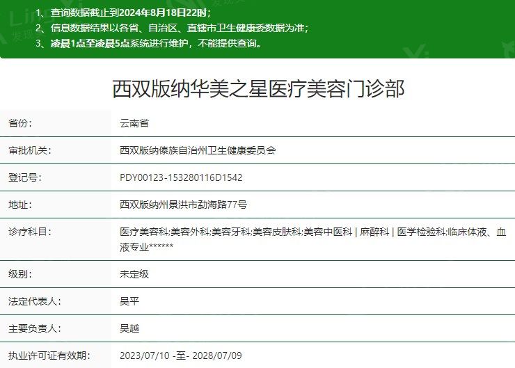 西双版纳华美之星医疗美容门诊部卫健委资质