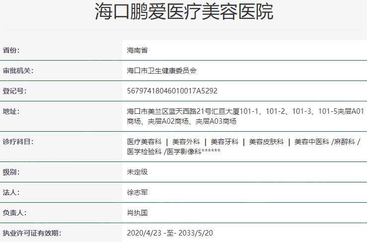 海口鹏爱医疗美容医院资质