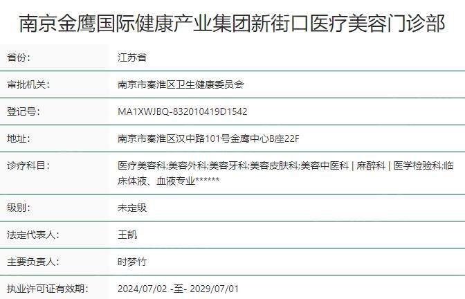 南京金鹰国际医疗美容门诊部资质