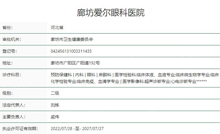 廊坊爱尔眼科医院卫健委资质