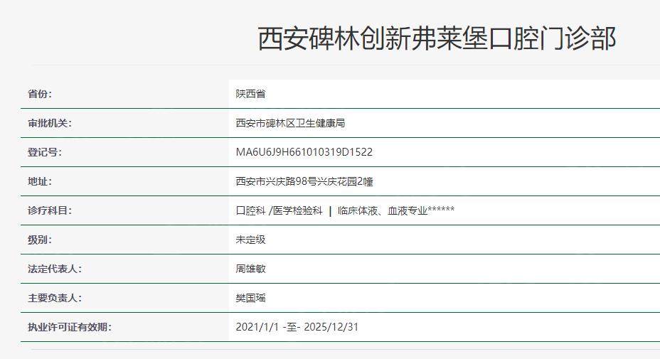西安碑林创新弗莱堡口腔门诊部卫健委资质