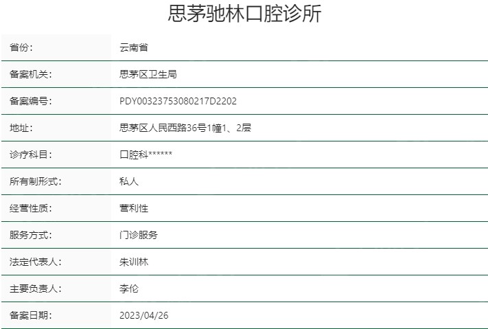 普洱驰林口腔连锁资质