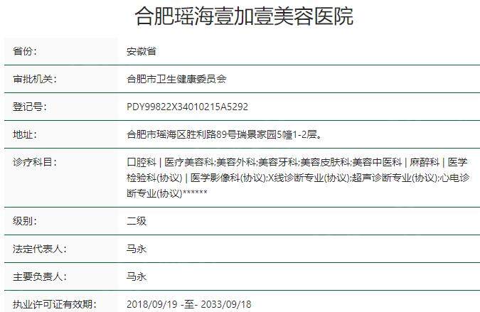 合肥瑶海壹加壹美容医院资质