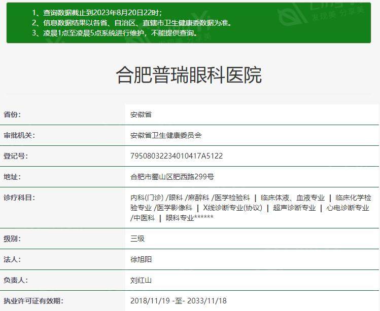 合肥普瑞眼科医院近视眼手术收费标准：激光11400起、半飞秒15100 + 晶体植入27600