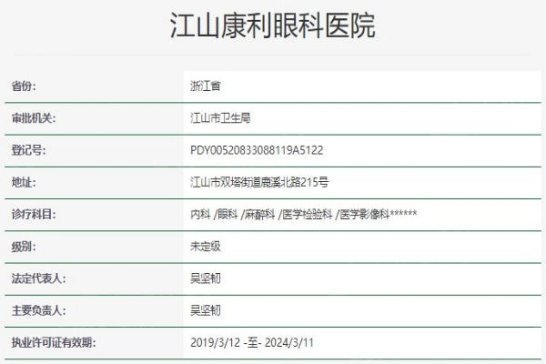 衢州江山康利眼科医院收费情况：小儿眼科检查60+、眼部药物治疗500+